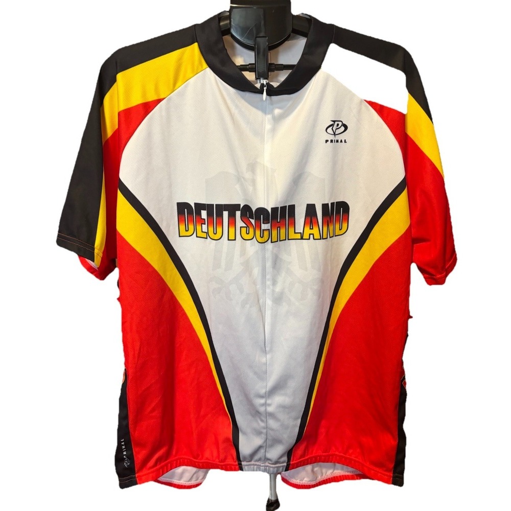 Primal Deutschland Mens 5X Cycling Jersey Red White Black 17" Zip Pockets German